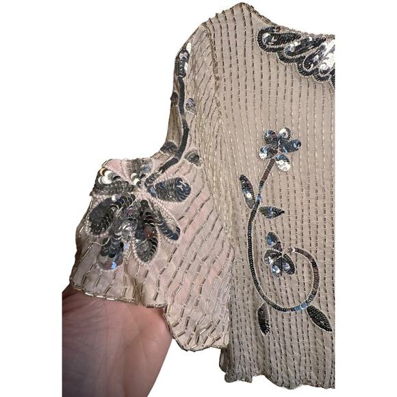 Vintage 60s Ivory Sequin Floral Beaded Silk Top Sz M 3/4 Sleeve Scalloped Beaded - Picture 16 of 16